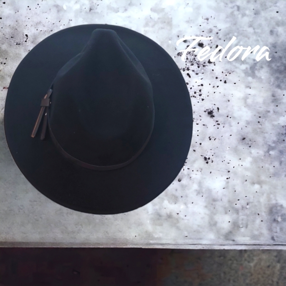 Fedora Wool Blend Black Hat with thin brown Leather Band One Size Fits Most